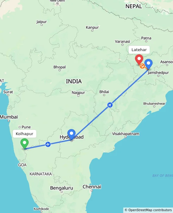 Route map showing distance and travel time from Kolhapur, India to Latehar, India