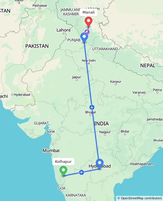 Route map showing distance and travel time from Kolhapur, India to Manali, India