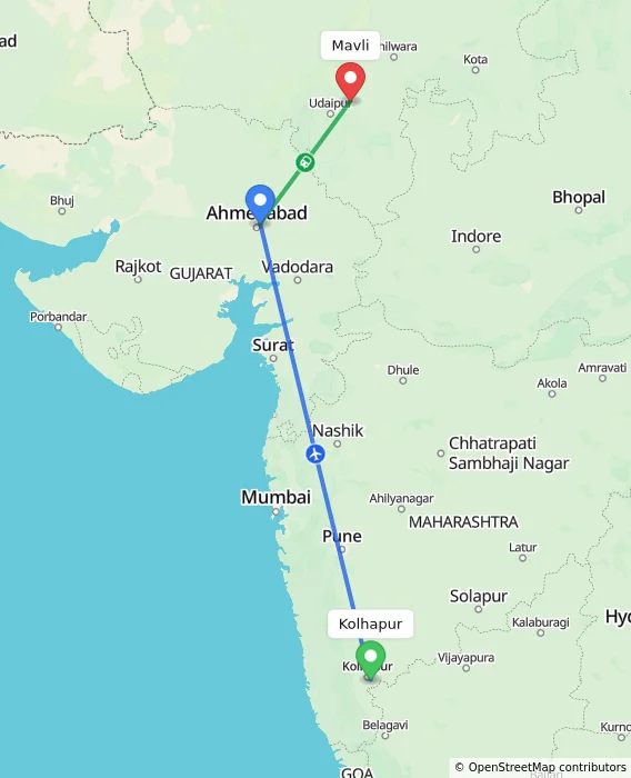 Route map showing distance and travel time from Kolhapur, India to Mavli, India