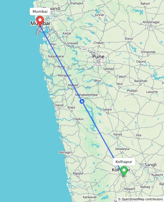 Route map showing distance and travel time from Kolhapur, India to Mumbai, India