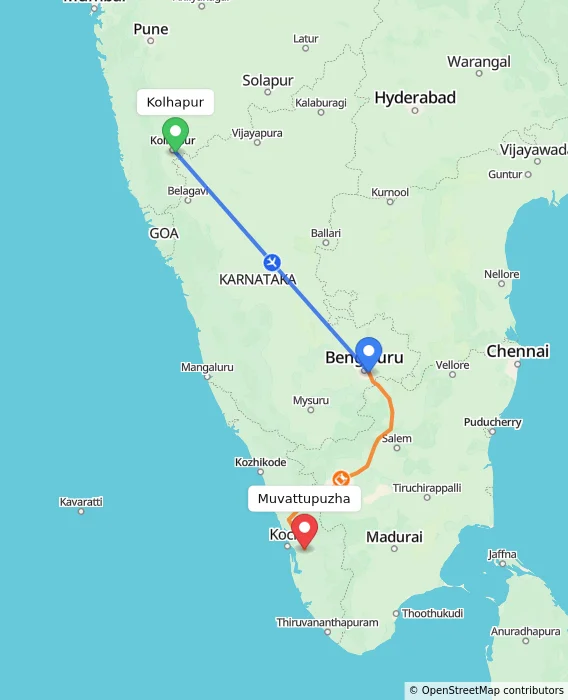 Route map showing distance and travel time from Kolhapur, India to Muvattupuzha, India