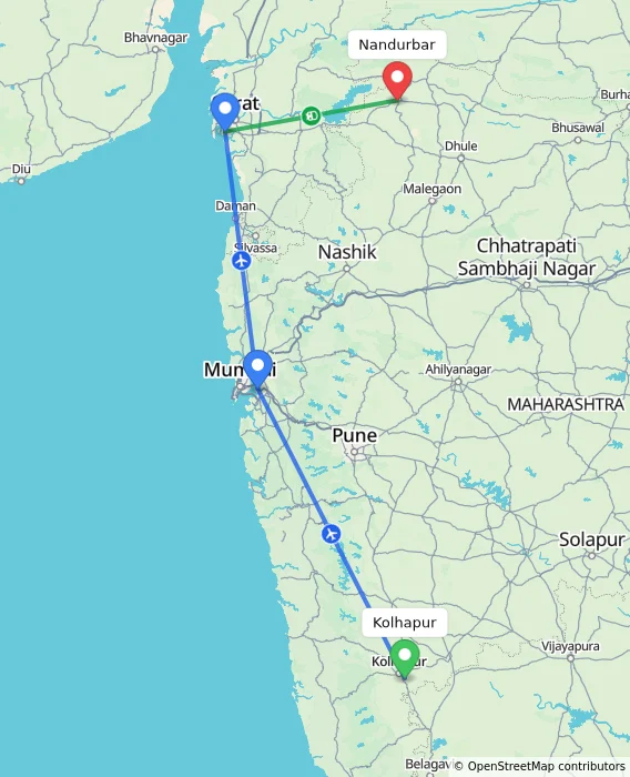 Route map showing distance and travel time from Kolhapur, India to Nandurbar, India