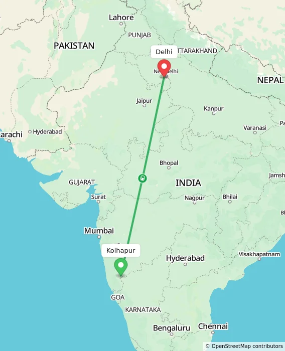 Route map showing distance and travel time from Kolhapur, India to Delhi, India