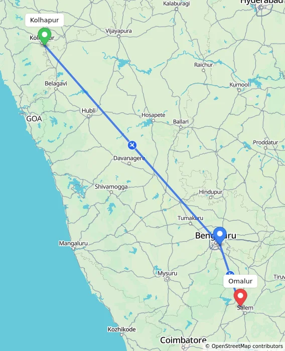 Route map showing distance and travel time from Kolhapur, India to Omalur, India