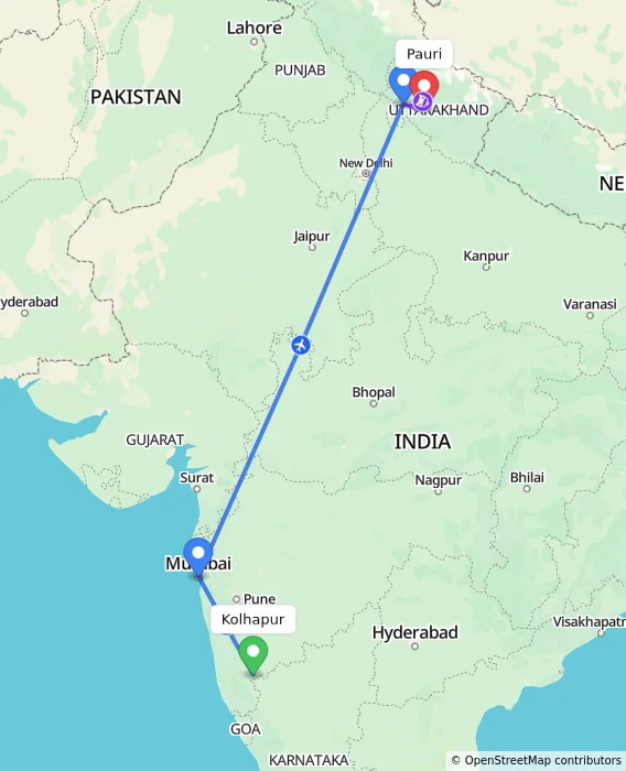 Route map showing distance and travel time from Kolhapur, India to Pauri, India