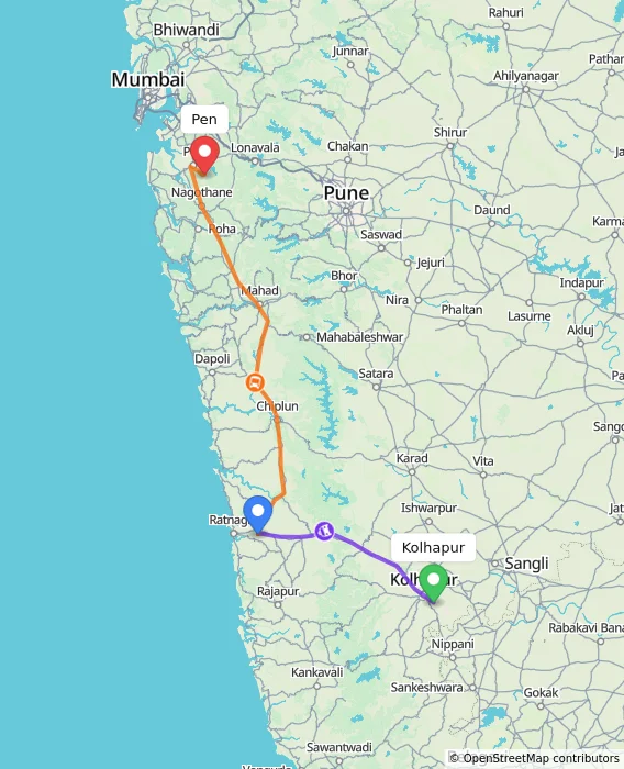 Route map showing distance and travel time from Kolhapur, India to Pen, India