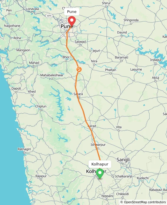 Route map showing distance and travel time from Kolhapur, India to Pune, India