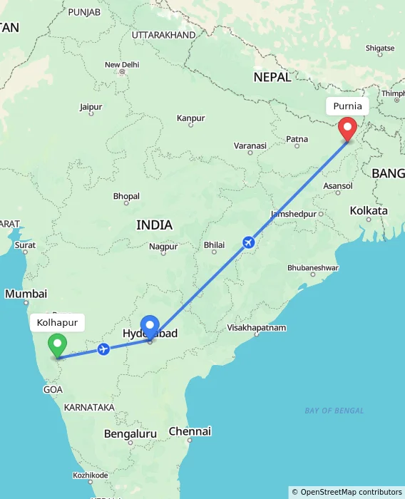 Route map showing distance and travel time from Kolhapur, India to Purnia, India
