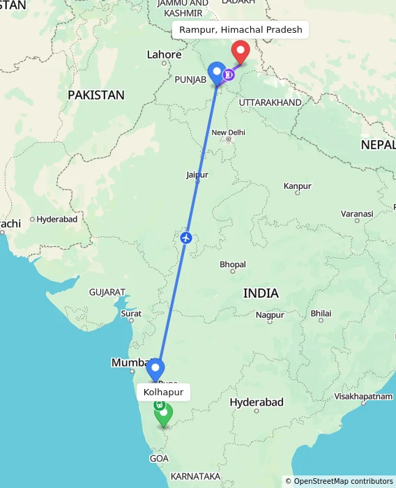 Route map showing distance and travel time from Kolhapur, India to Rampur, Himachal Pradesh, India