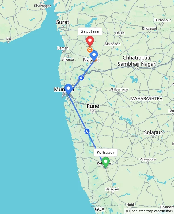 Route map showing distance and travel time from Kolhapur, India to Saputara, India