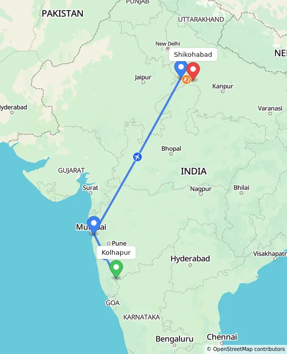 Route map showing distance and travel time from Kolhapur, India to Shikohabad, India