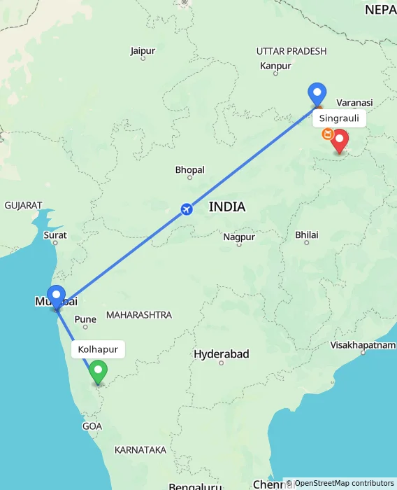 Route map showing distance and travel time from Kolhapur, India to Singrauli, India