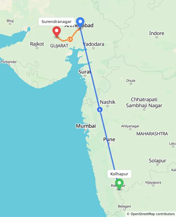 Route map showing distance and travel time from Kolhapur, India to Surendranagar, India