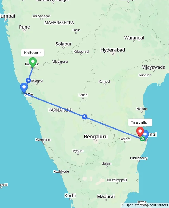 Route map showing distance and travel time from Kolhapur, India to Tiruvallur, India