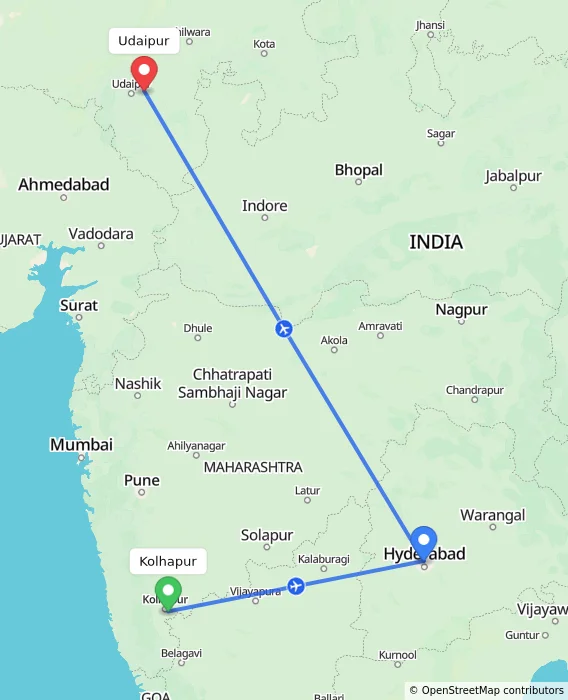 Route map showing distance and travel time from Kolhapur, India to Udaipur, India