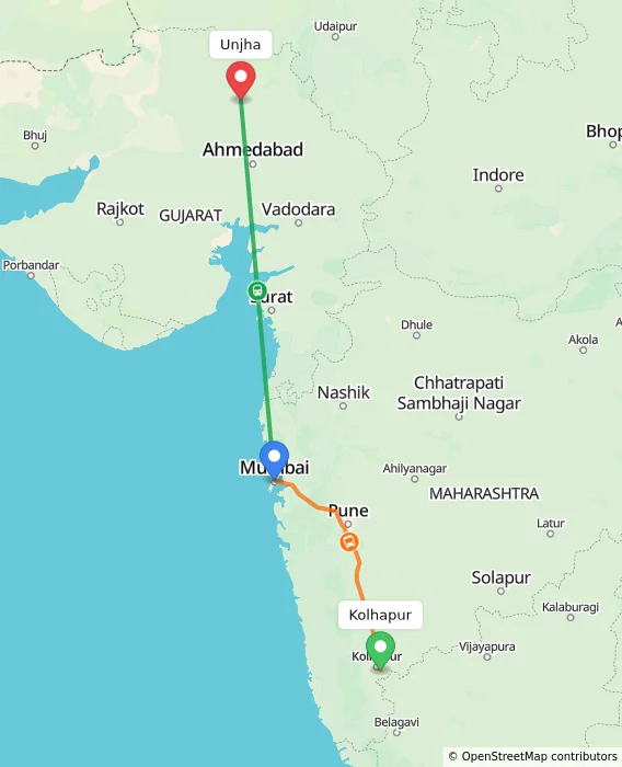 Route map showing distance and travel time from Kolhapur, India to Unjha, India