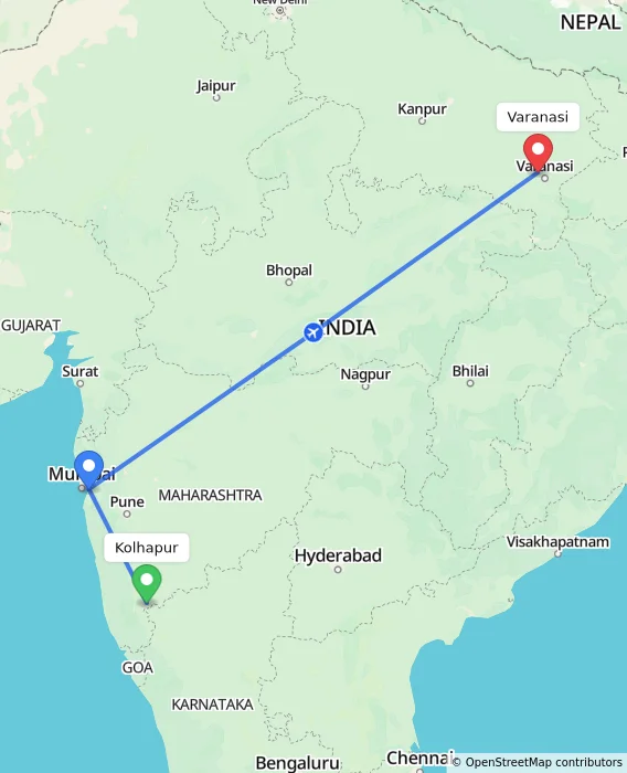 Route map showing distance and travel time from Kolhapur, India to Varanasi, India