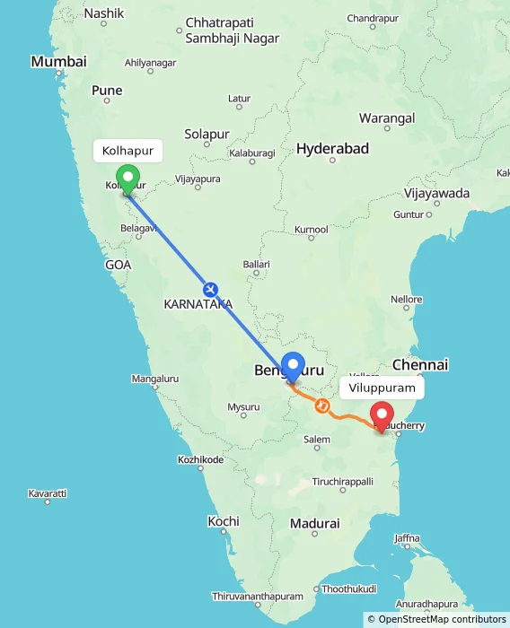 Route map showing distance and travel time from Kolhapur, India to Viluppuram, India