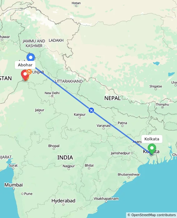 Route map showing distance and travel time from Kolkata, India to Abohar, India