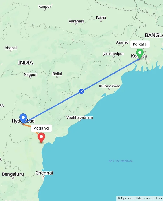 Route map showing distance and travel time from Kolkata, India to Addanki, India