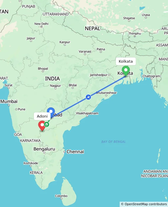 Route map showing distance and travel time from Kolkata, India to Adoni, India