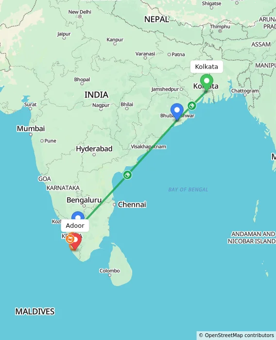 Route map showing distance and travel time from Kolkata, India to Adoor, India