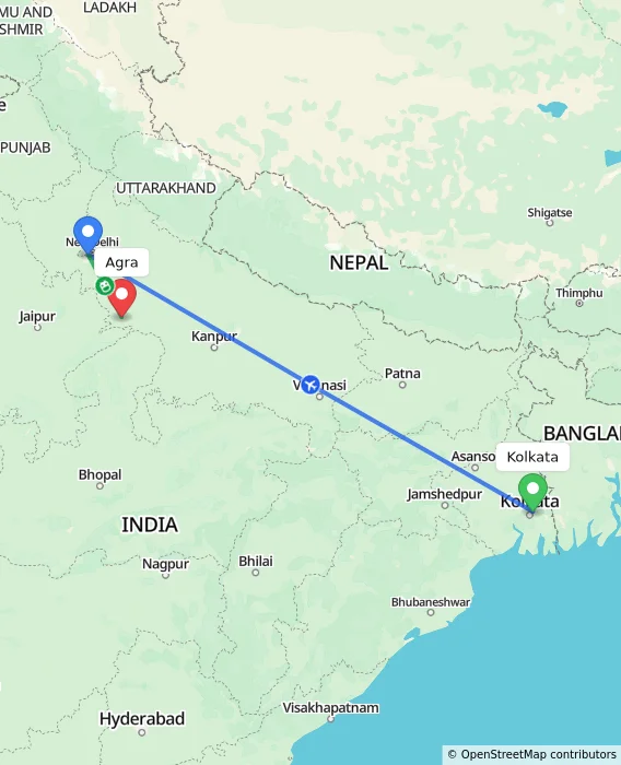 Route map showing distance and travel time from Kolkata, India to Agra, India