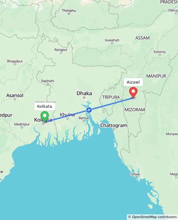 Route map showing distance and travel time from Kolkata, India to Aizawl, India