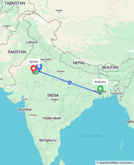 Route map showing distance and travel time from Kolkata, India to Ajmer, India