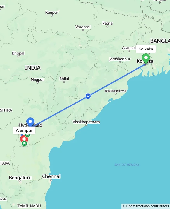 Route map showing distance and travel time from Kolkata, India to Alampur, India