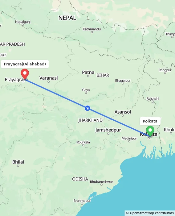Route map showing distance and travel time from Kolkata, India to Allahabad, India