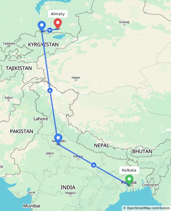 Route map showing distance and travel time from Kolkata, India to Almaty, Kazakhstan