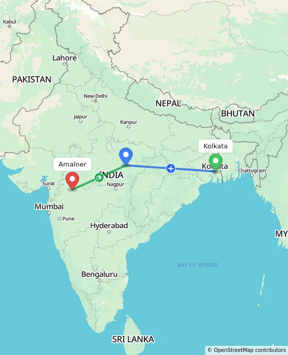 Route map showing distance and travel time from Kolkata, India to Amalner, India