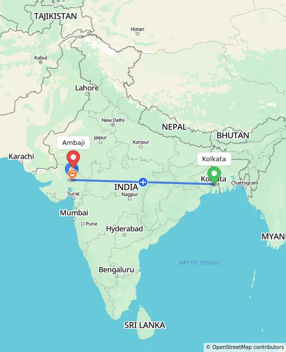 Route map showing distance and travel time from Kolkata, India to Ambaji, India