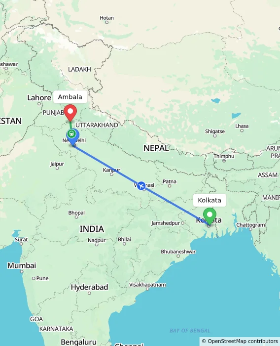 Route map showing distance and travel time from Kolkata, India to Ambala, India