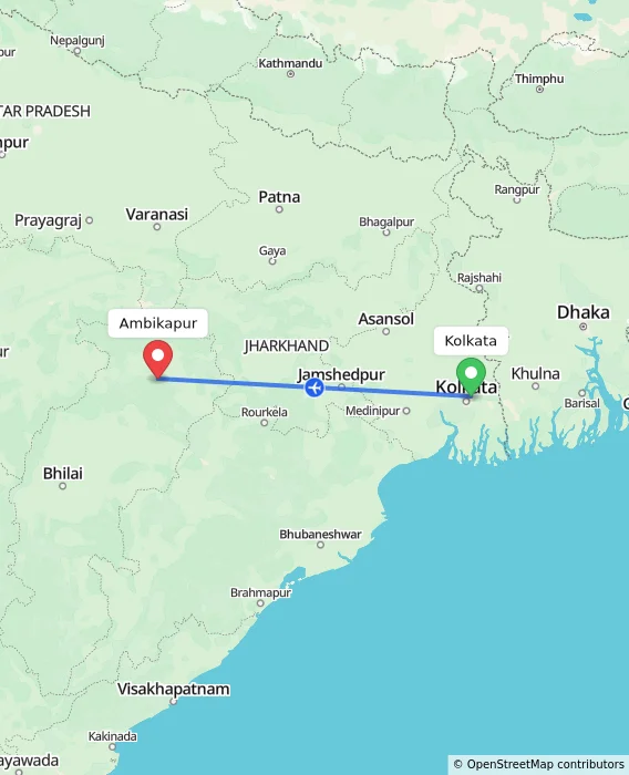 Route map showing distance and travel time from Kolkata, India to Ambikapur, India