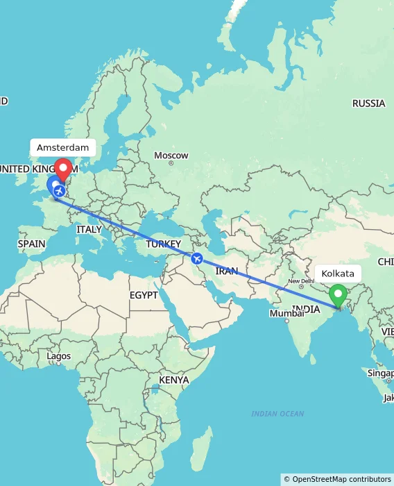 Route map showing distance and travel time from Kolkata, India to Amsterdam, Netherlands