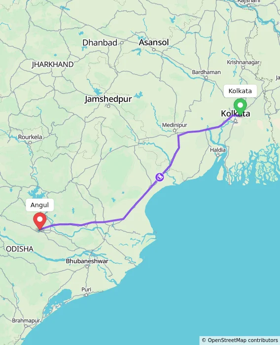 Route map showing distance and travel time from Kolkata, India to Angul, India