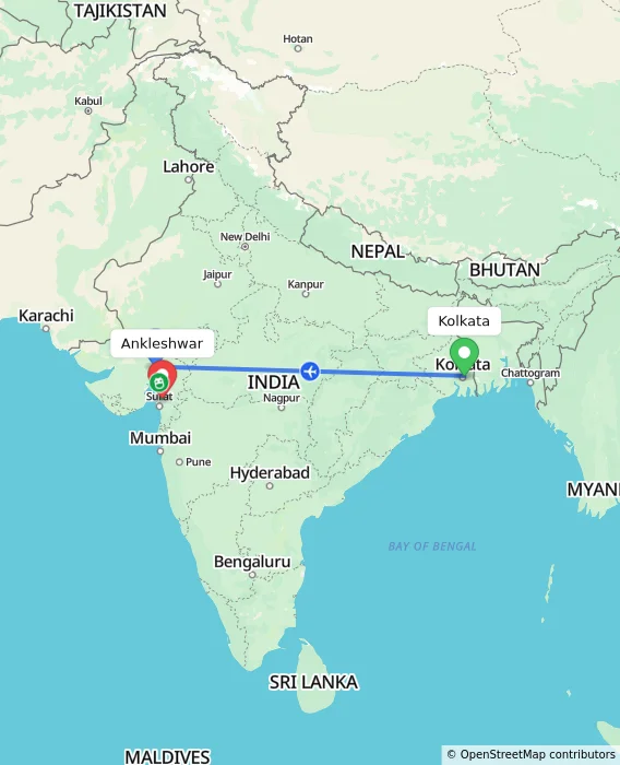 Route map showing distance and travel time from Kolkata, India to Ankleshwar, India