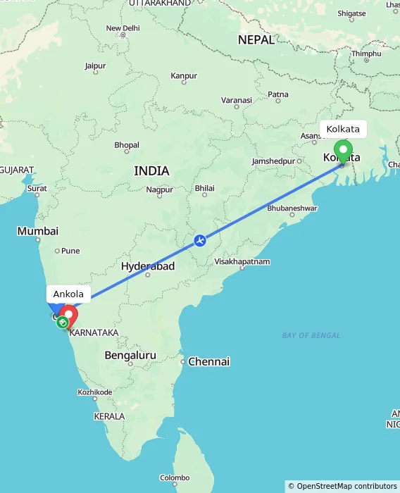 Route map showing distance and travel time from Kolkata, India to Ankola, India