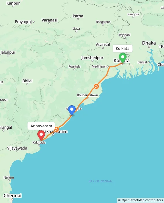 Route map showing distance and travel time from Kolkata, India to Annavaram, India