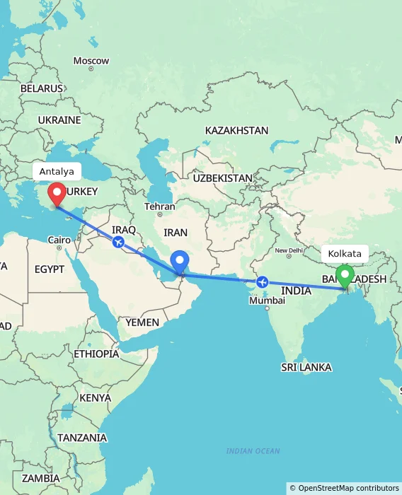 Route map showing distance and travel time from Kolkata, India to Antalya, Turkey