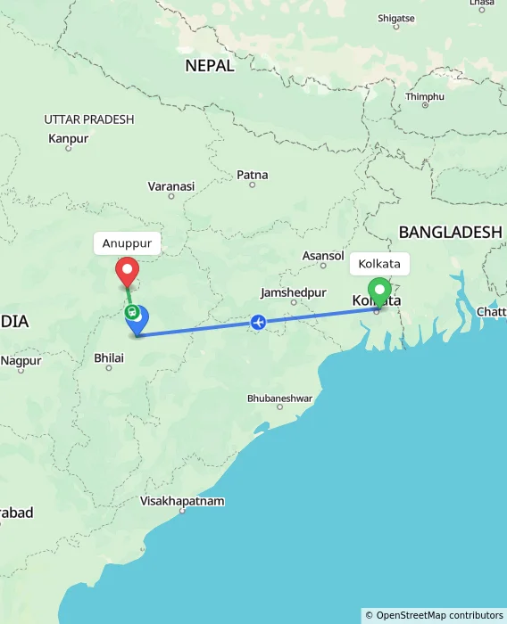 Route map showing distance and travel time from Kolkata, India to Anuppur, India