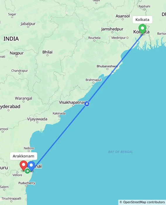 Route map showing distance and travel time from Kolkata, India to Arakkonam, India