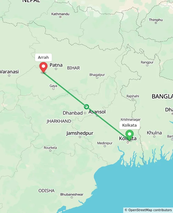 Route map showing distance and travel time from Kolkata, India to Arrah, India