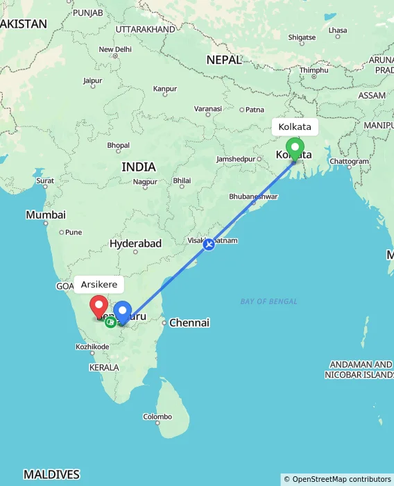 Route map showing distance and travel time from Kolkata, India to Arsikere, India