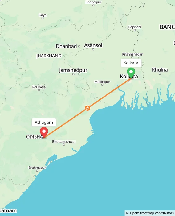 Route map showing distance and travel time from Kolkata, India to Athagarh, India