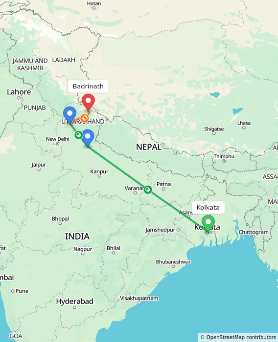 Route map showing distance and travel time from Kolkata, India to Badrinath, India