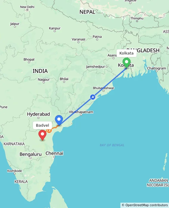 Route map showing distance and travel time from Kolkata, India to Badvel, India