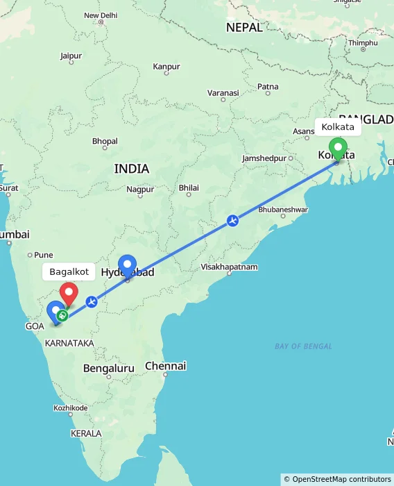 Route map showing distance and travel time from Kolkata, India to Bagalkot, India